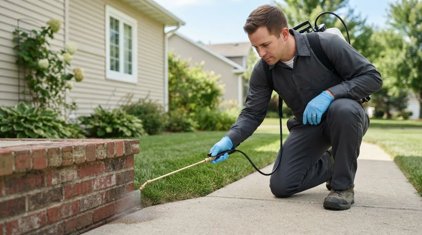 Pest control technician treating a home near Vincent, OH